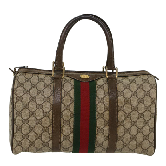 GUCCI GG Canvas Web Sherry Line Boston Bag PVC Leather Beige Green Auth ki3376 - Picture 13 of 16